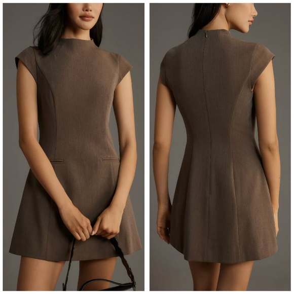 NEW Reformation Vivienne Mini Dress - Cafe Brown Beige Mock Neck Cap Sleeve - Picture 2 of 12